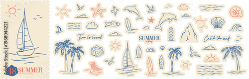 Summer Sea Doodle Set. Ocean Clipart Collection. Vector sketch art of seashells, yacht boats, palm trees, waves. Summer set for summer-themed design, travel poster, tropical party flyer, beach event.