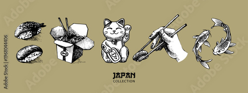 Japanese food and symbols hand drawn set. Asian cuisine collage for menu, poster, branding. Vintage sketch sushi vector illustration.