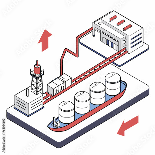 An illustrated depiction of an oil refinery complex showing pipelines storage tanks and a processing tower high quality professional detailed