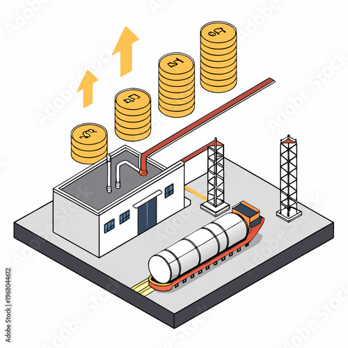 An isometric illustration depicts oil refineries pipelines and stacked gold coins with upward pointing arrows representing growth high quality professional