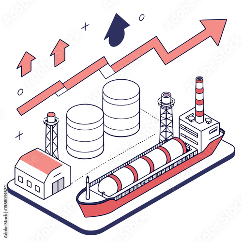 An isometric illustration depicts industrial growth with rising charts above oil refineries storage tanks and transportation vessels high quality professional