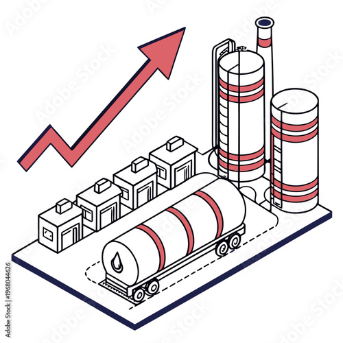 An isometric illustration depicts industrial growth with factory buildings storage tanks and a red upward trending arrow high quality professional