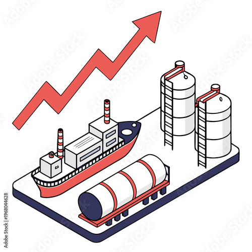 An isometric illustration depicts industrial growth with oil refinery structures a cargo ship and a rising arrow high quality professional