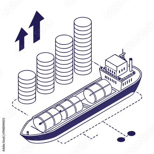 An illustrative depiction shows a cargo ship transporting cylindrical containers alongside a rising bar graph signifying growth high quality professional