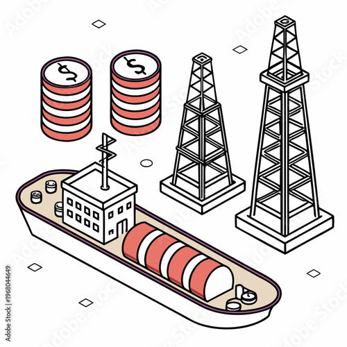An isometric illustration depicts oil derricks a cargo ship stacks of money and diamonds symbolizing energy wealth high quality professional