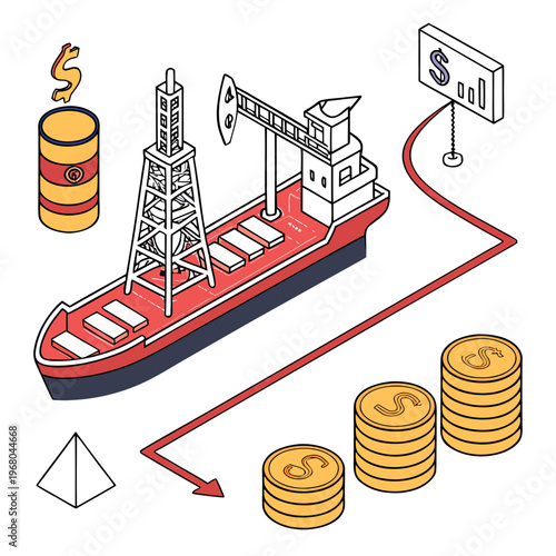An isometric illustration depicts an oil tanker drilling rig currency and containers symbolizing petroleum industry economics high quality professional detailed