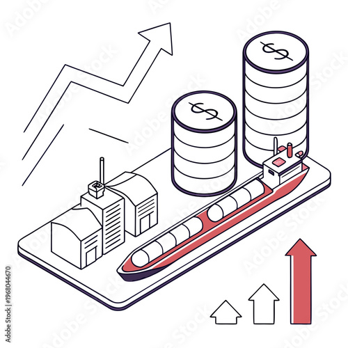 This illustration depicts economic growth with oil tankers factories and a rising graph symbolizing prosperity high quality professional detailed modern