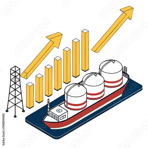 An isometric illustration depicts oil storage tanks a ship and a rising graph symbolizing growth in the energy sector