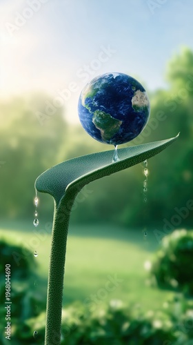 Small Earth resting on a leaf with drops of water