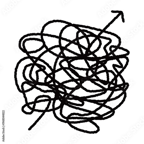 複雑に絡まり合った悩みや問題から解決の糸口を見つける手書きの矢印