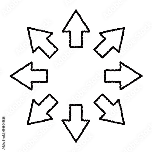 中心から外側に向かって放射状に広がる手書き風の矢印セット