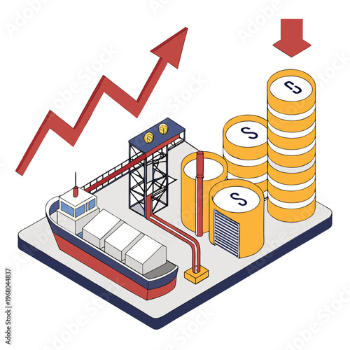 An isometric illustration depicts oil barrels a tanker ship and a rising graph symbolizing growth in the energy market