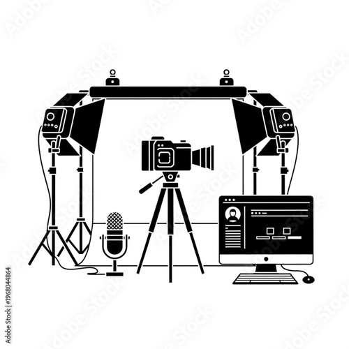 Studio Setup with Camera, Lights, Microphone, and Computer for Recording.