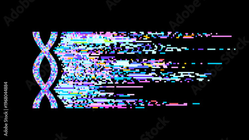 Colorful one-sided DNA helix with flowing pixel code streams on dark background. Futuristic vector concept for big data analytics, AI-driven genomics, drug discovery, and biotech research.