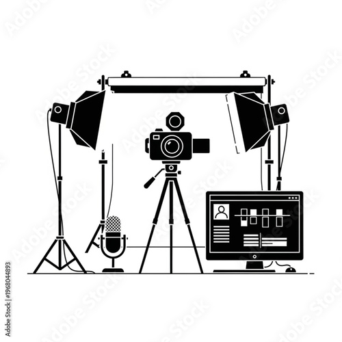 Studio Setup with Camera, Lights, Microphone, and Computer for Video Production.