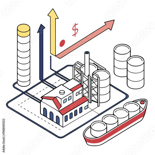An illustrative depiction shows industrial facilities oil tankers and ascending graphs representing economic growth and financial prosperity high quality professional