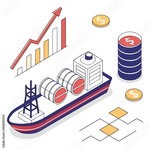 An isometric illustration depicts oil barrels a rising graph and currency symbolizing growth and economic prosperity in the energy sector
