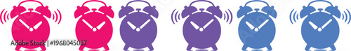 Vibrant Alarm Clock Icon Set, ringing time symbols in pink, purple, and blue gradient. Modern vector graphics for scheduling, deadlines, and morning routines.