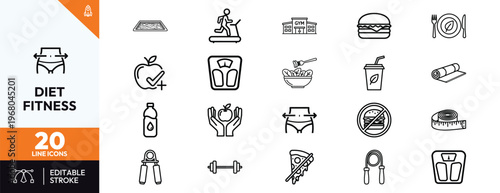 Set of 20 modern line icons representing diet and fitness concepts like healthy nutrition gym training equipment weight loss progress and active wellness lifestyle for mobile app and web design