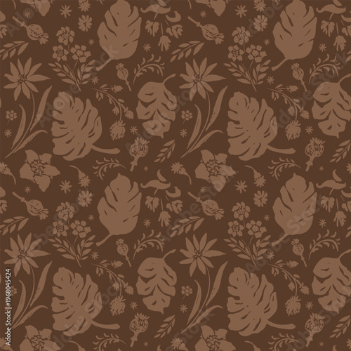 Mocha mousse seamless floral vector pattern, hand-drawn. 