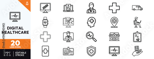 Digital healthcare and telemedicine line icon set featuring online medical consultations, electronic health records, heart rate monitoring apps, virtual doctors, and health technology symbols.