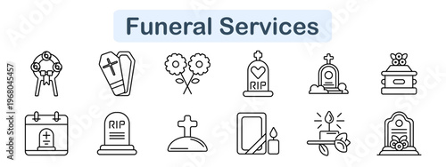 Funeral services set icon. Key ceremony, coffin, flowers, tombstone, grave monument, urn, calendar, RIP stone, cross hill, framed portrait, candle, memorial plaque. Burial ritual visuals.