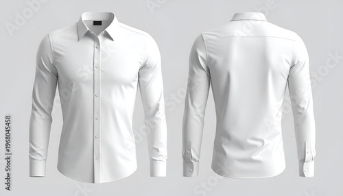 Two views, front and back, of a crisp white long-sleeved dress shirt against a grey backdrop
