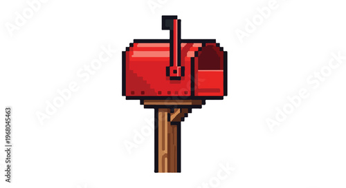 This is a detailed pixel art illustration of a classic red American mailbox with its flag raised, mounted on a sturdy wooden post.