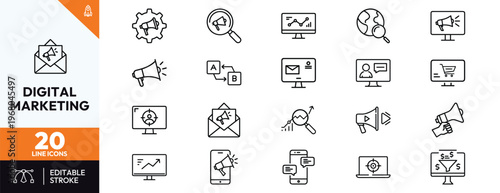 Digital Marketing Line Icon Set for Social Media Advertising Online Business Strategy SEO Analytics Content Marketing Email Campaigns Lead Generation Data Analysis Sales Funnel Promotion Icons