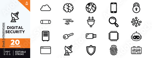 Set of 20 digital security and cyber technology line icons featuring cloud computing, artificial intelligence, network protection, biometric data privacy, and global internet connectivity.