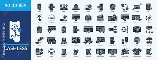 Cashless icon set vector illustration. Containing icon of banking, wallet, authorization and more. Glyph solid icon symbol collection