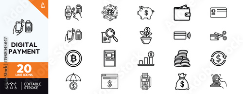 Set of 20 digital payment line icons featuring contactless mobile pay, currency exchange, cryptocurrency, online banking, financial growth, credit card processing and electronic transaction symbols.
