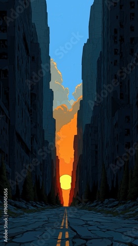 Sunset over a deserted city street with tall buildings