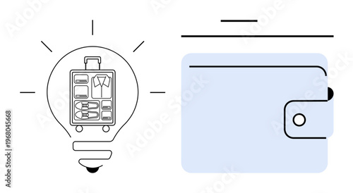 Travel planning, budgeting, financial management, organization, innovation, vacation preparation. Illustration showing a lightbulb with a suitcase and a wallet. Travel planning and budgeting