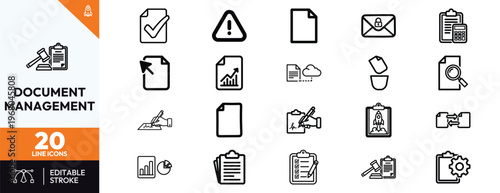 Professional line icon set for document management and business workflow optimization including legal contracts, financial reports, cloud storage, and digital signatures for corporate use.