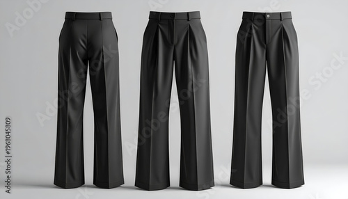Three views of dark, wide-leg trousers, showcasing front, back, and side detail