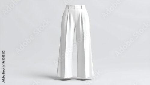 A pair of pristine white, high-waisted, wide-leg trousers float against a neutral backdrop