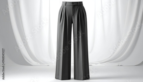 Tailored gray pleated wide-leg trousers stand alone against soft, draped white fabric