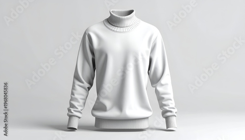 A white turtleneck sweater, centrally positioned against a plain light gray backdrop
