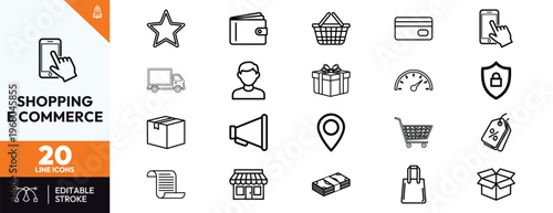 Shopping and E-commerce Icon Set featuring line symbols for retail, online store, mobile payment, delivery, shipping, customer service, and digital marketing for web and apps.