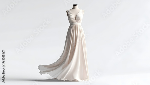 Elegant ivory gown displayed on a mannequin, flowing fabric, white backdrop