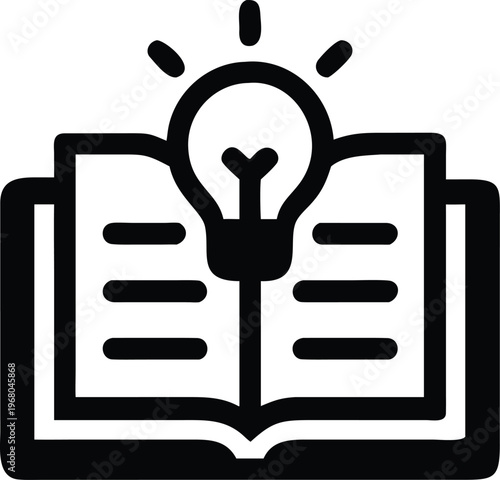 Minimalist Black and White Open Book Icon with Glowing Light Bulb Representing Creative Education, Innovative Learning Concepts, Bright Intellectual Ideas, and Academic Knowledge Growth