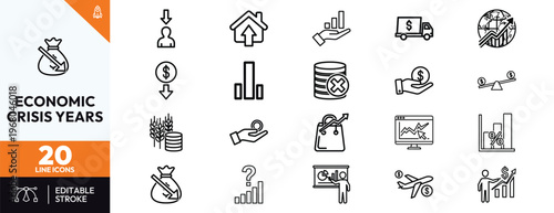 Economic Crisis and Financial Recession Line Icon Set Featuring Inflation Symbols Market Downturn Statistics Global Trade Loss Business Bankruptcy and Recovery Growth Concepts