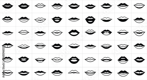 A diverse collection of stylized lip shapes and expressions is presented in a striking black silhouette high quality professional detailed modern