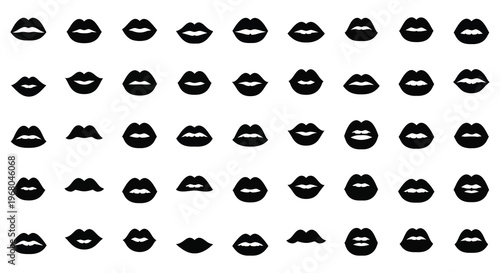 A repeating pattern of black lip silhouettes creates a bold graphic design showcasing diverse mouth shapes silhouette high quality professional