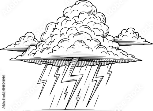 Dramatic black and white of a thundercloud with lightning strikes and rain storm