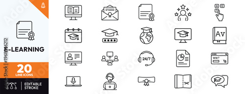 Professional e-learning and online education line icon set including digital classroom symbols webinar graphics distance learning elements and virtual university icons for web design.