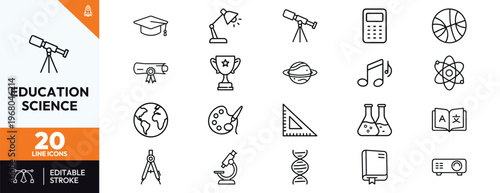 Collection of education and science icons featuring school supplies, scientific equipment, graduation cap, chemistry flasks, atom, microscope, telescope, and learning symbols for design projects.