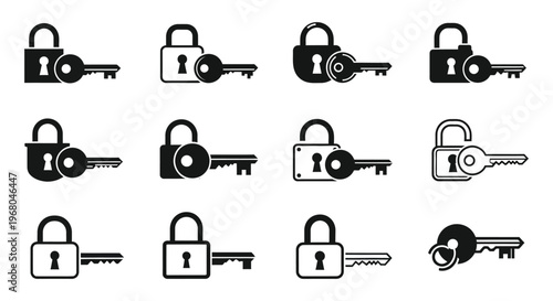 An assortment of black and white lock and key icons presented in a flat minimalist silhouette high quality professional detailed modern