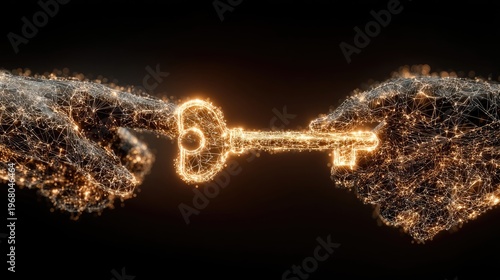Two hands holding a golden key together, glowing network lines connecting them, secure partnership and access control concept 